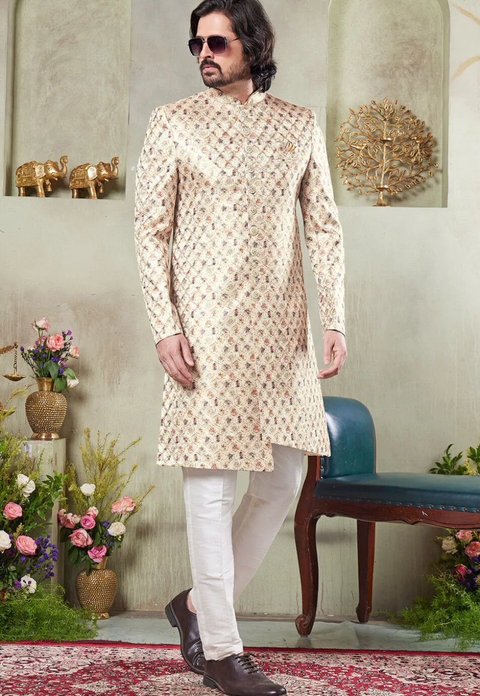 Digital Printed Art Silk Sherwani in Beige