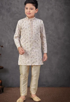 Digital Printed Art Silk Kurta Set in Cream