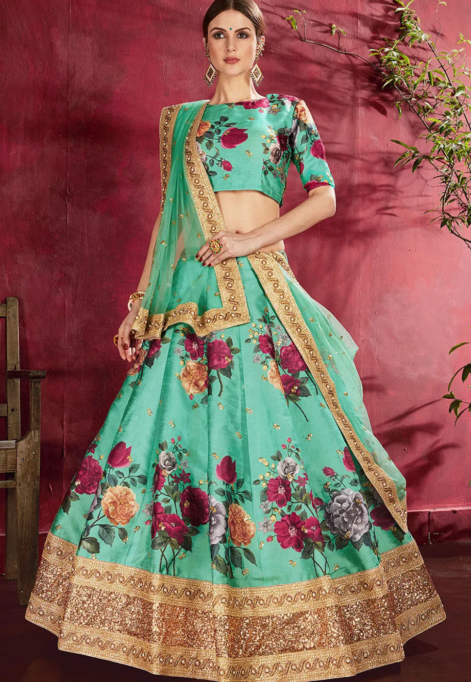 Digital Printed Art Silk Lehenga in Teal Green