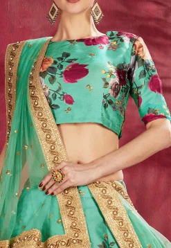 Digital Printed Art Silk Lehenga in Teal Green