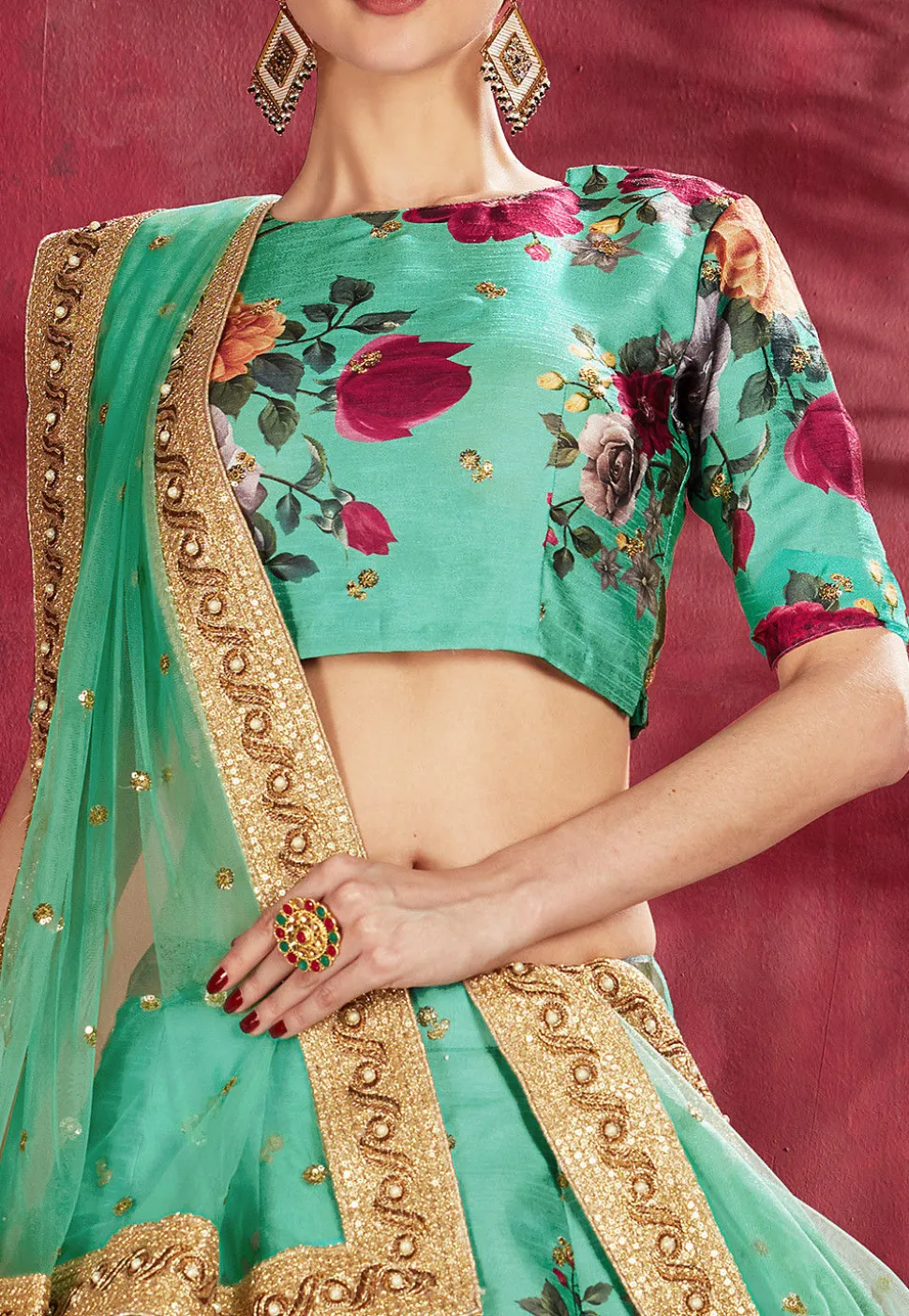 Digital Printed Art Silk Lehenga in Teal Green