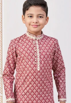 Digital Printed Art Silk Kurta Set in Red