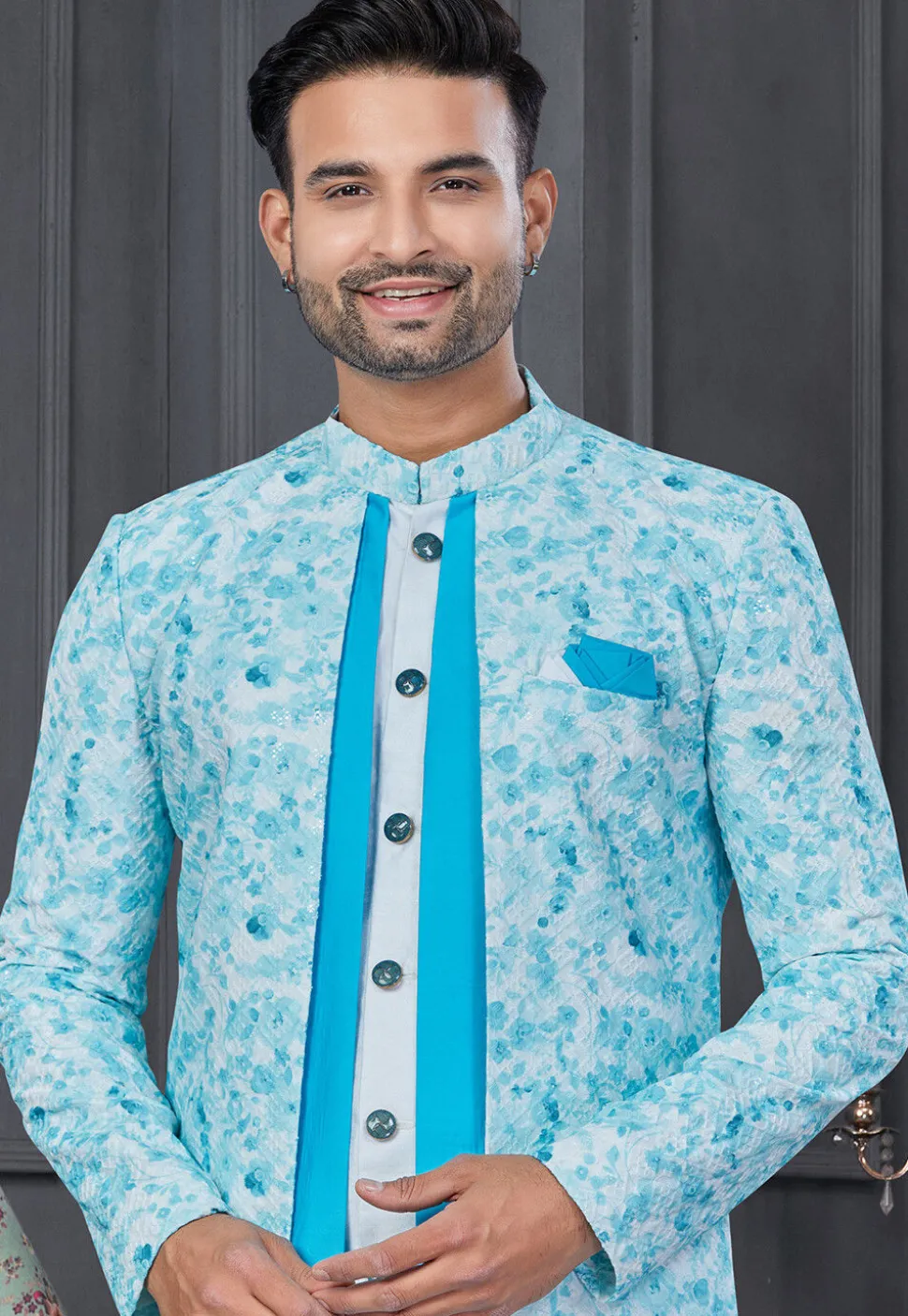 Digital Printed Art Silk Jacket Style Sherwani in Light Blue