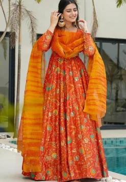 Digital Printed Art Silk Abaya Style Suit in Orange