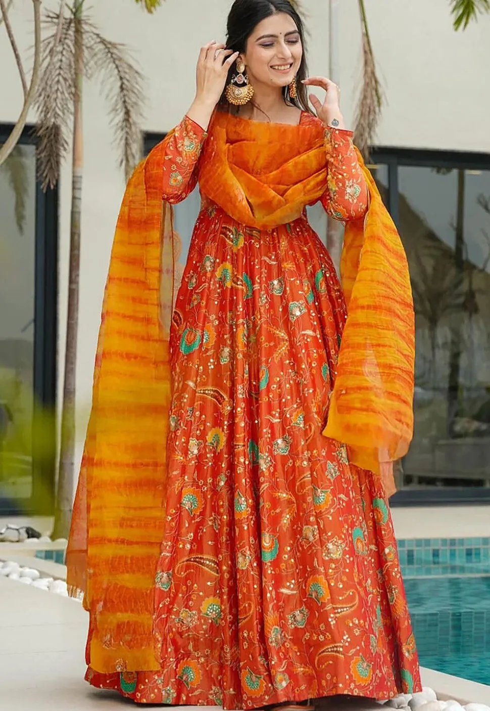 Digital Printed Art Silk Abaya Style Suit in Orange