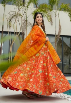 Digital Printed Art Silk Abaya Style Suit in Orange