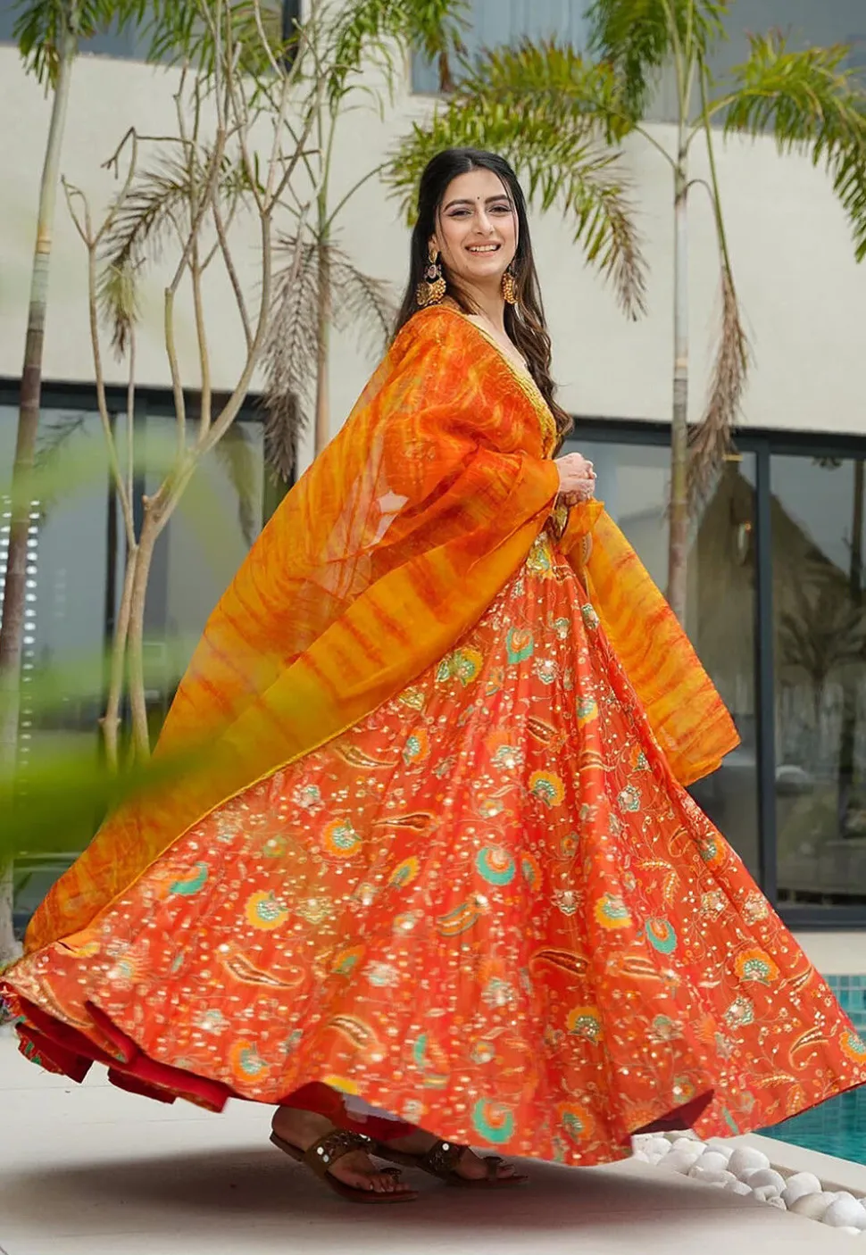 Digital Printed Art Silk Abaya Style Suit in Orange