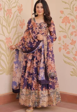Digital Printed Art Silk Abaya Style Suit in Purple