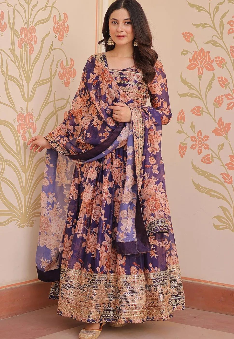 Digital Printed Art Silk Abaya Style Suit in Purple