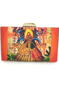 Digital Printed Art Silk Rectangular Clutch Bag in Multicolor
