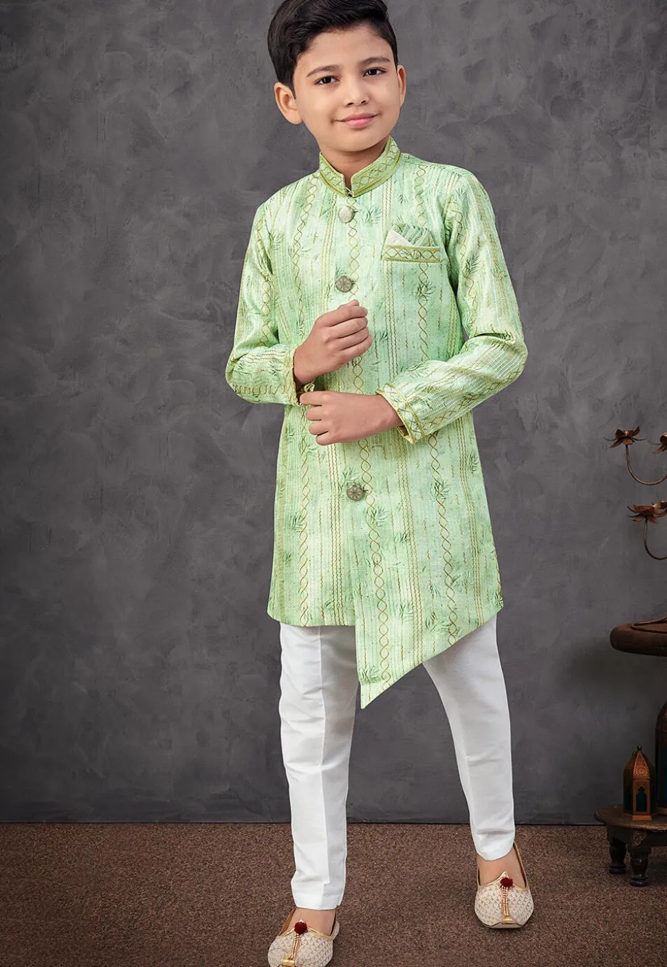Digital Printed Art Silk Sherwani in Green