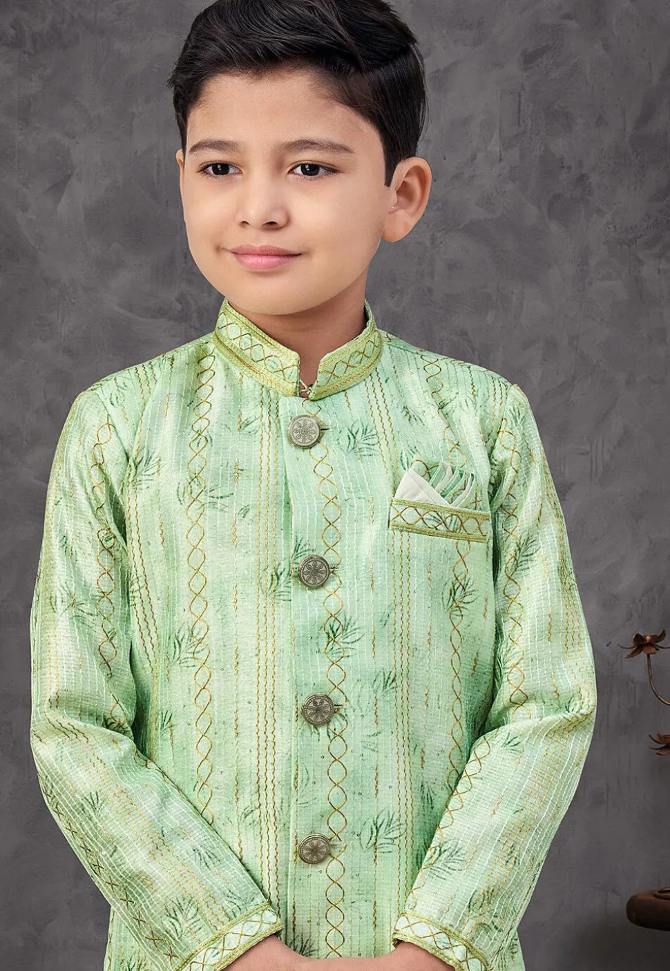 Digital Printed Art Silk Sherwani in Green