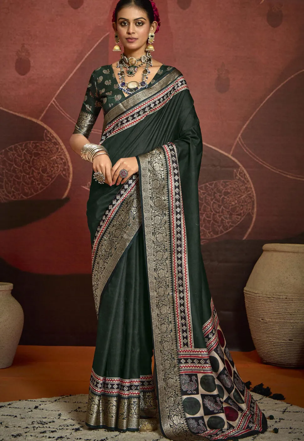 Digital Printed Art Silk Saree in Dark Green
