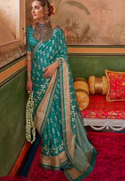 Digital Printed Art Silk Saree in Turquoise