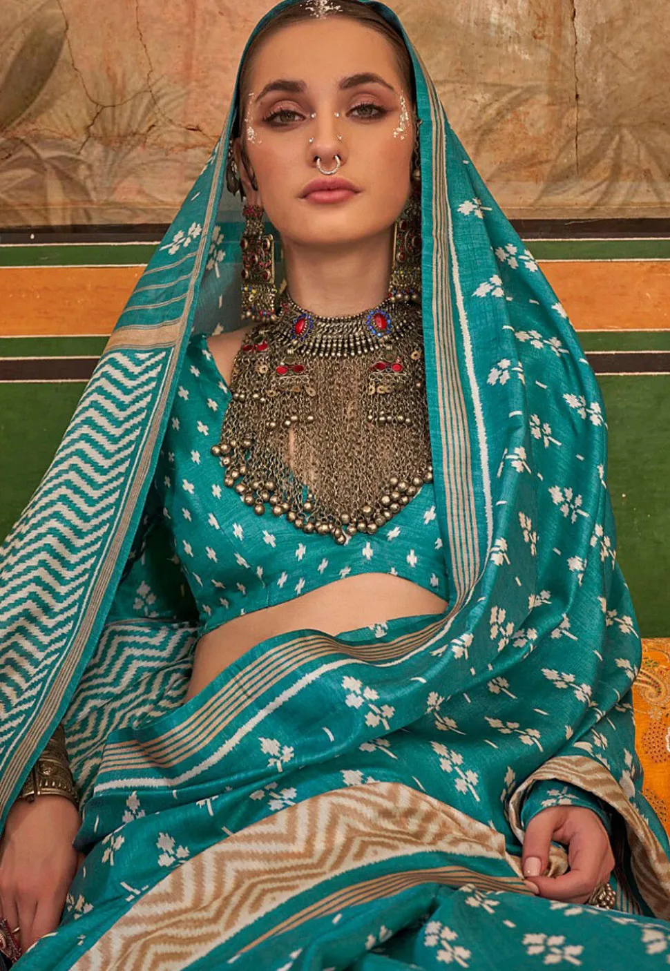 Digital Printed Art Silk Saree in Turquoise