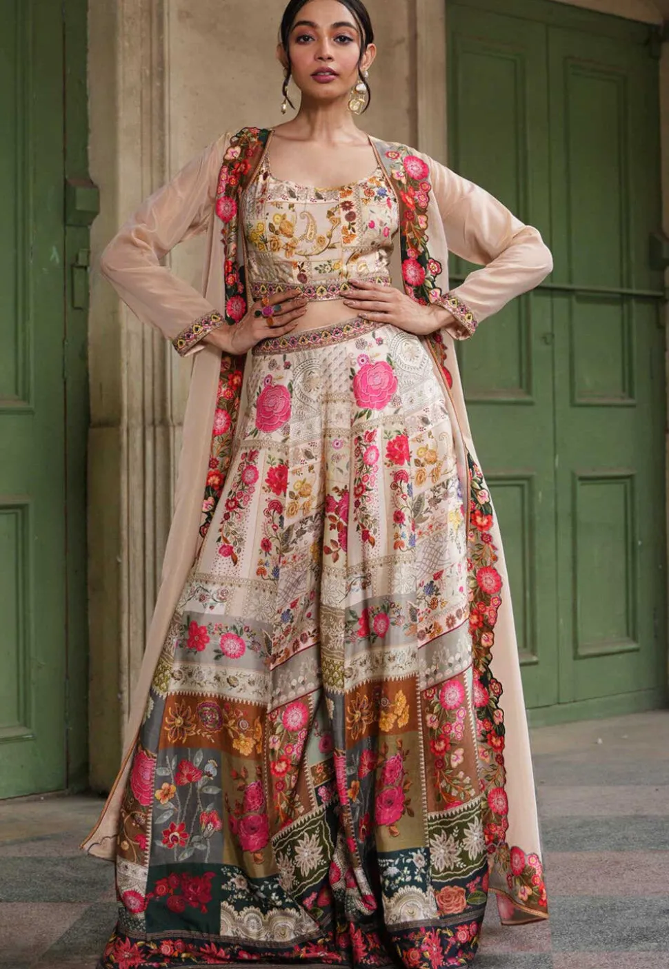 Digital Printed Art Silk Crop Top Set with Jacket in Beige
