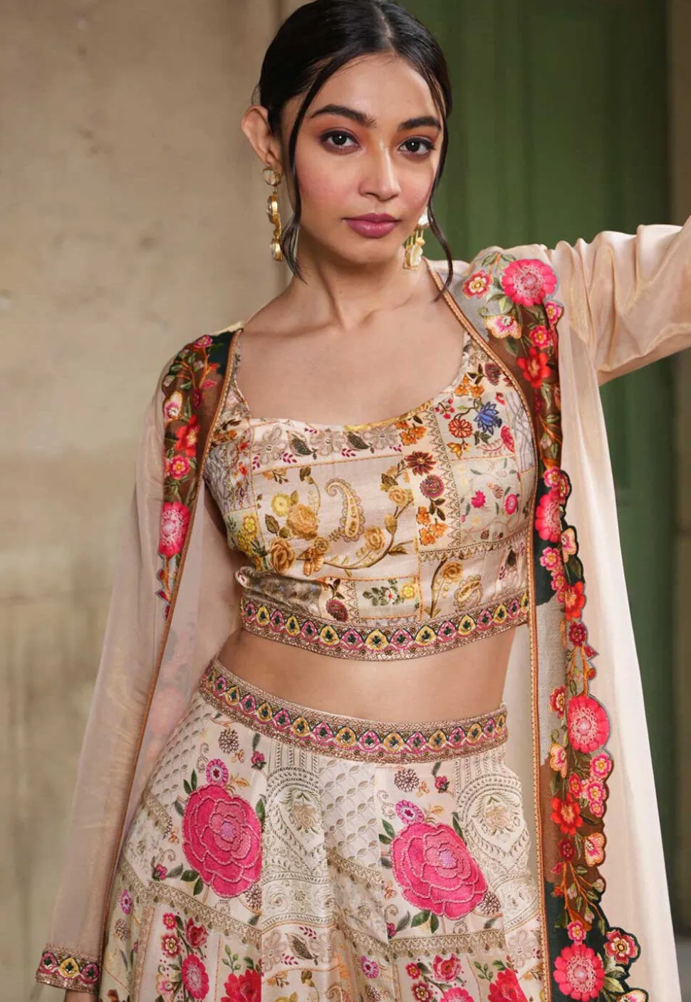 Digital Printed Art Silk Crop Top Set with Jacket in Beige