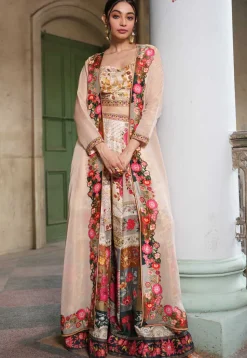 Digital Printed Art Silk Crop Top Set with Jacket in Beige