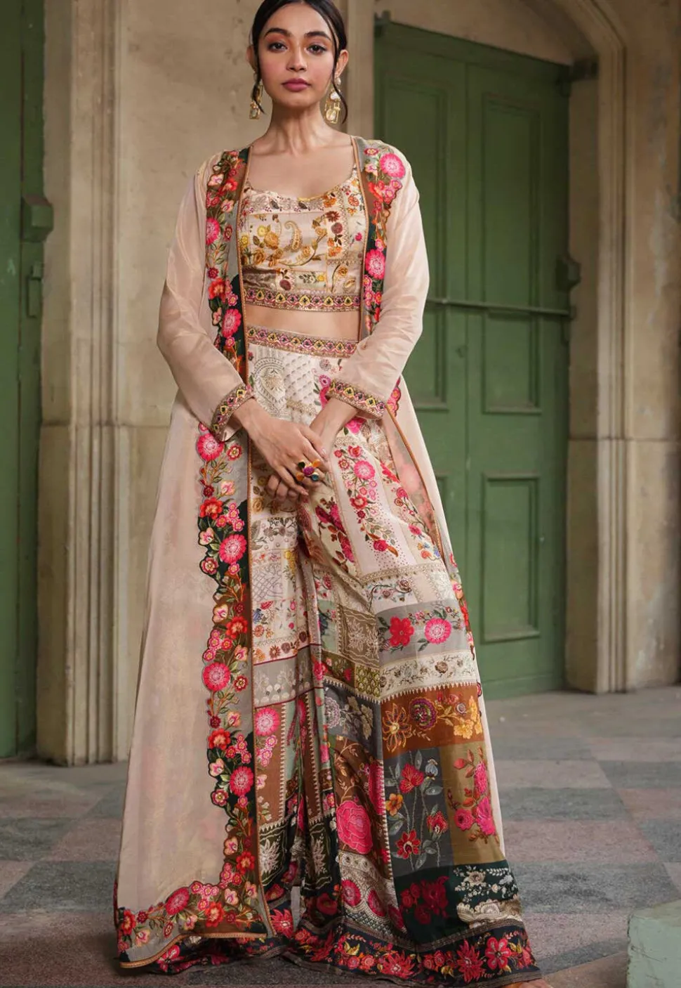 Digital Printed Art Silk Crop Top Set with Jacket in Beige