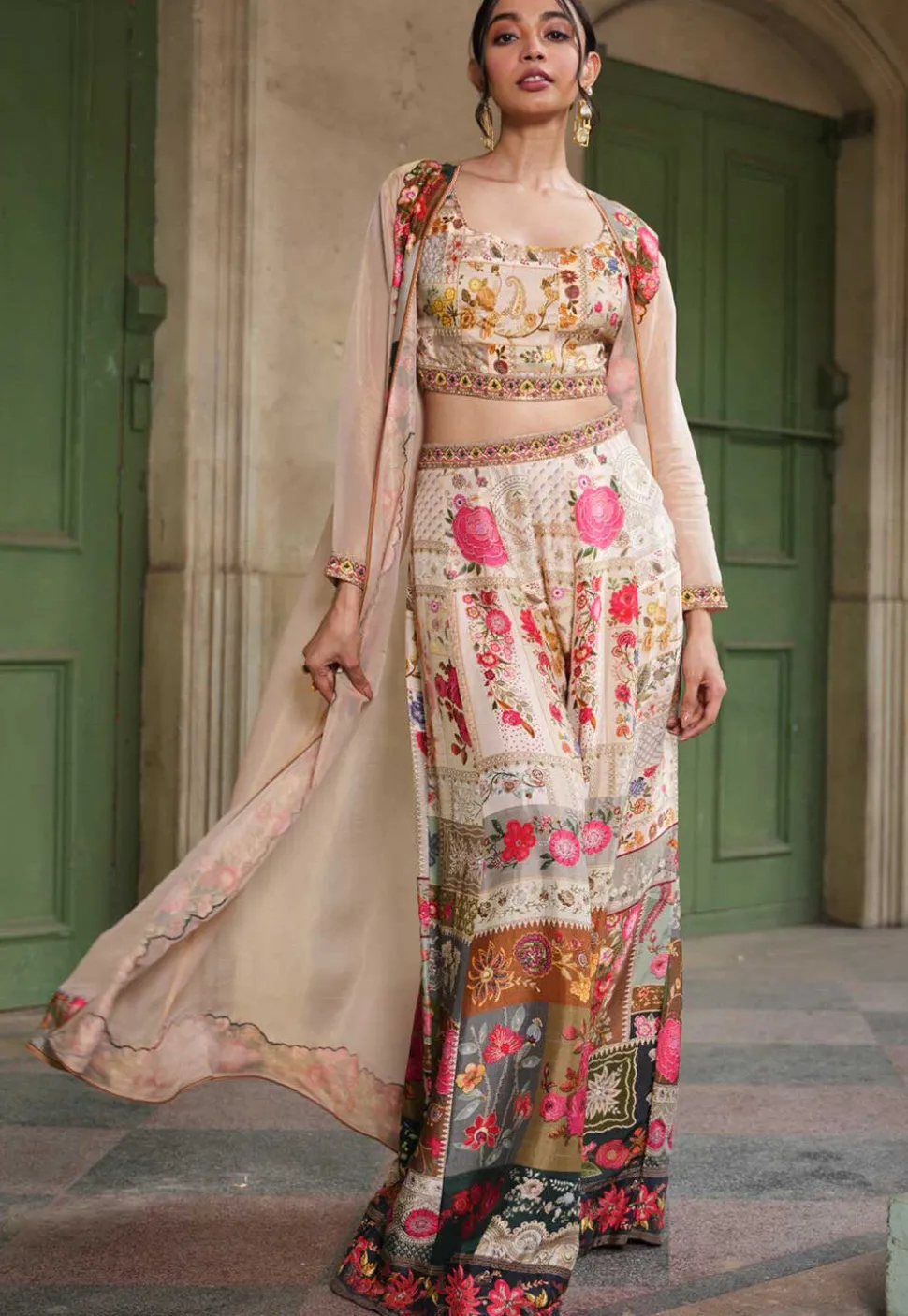 Digital Printed Art Silk Crop Top Set with Jacket in Beige