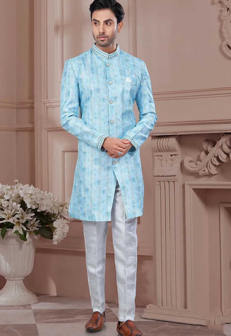 Digital Printed Art Silk Sherwani in Sky Blue