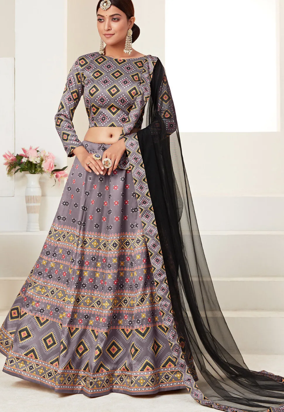 Digital Printed Art Silk Lehenga in Dusty Purple