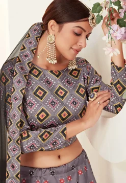 Digital Printed Art Silk Lehenga in Dusty Purple
