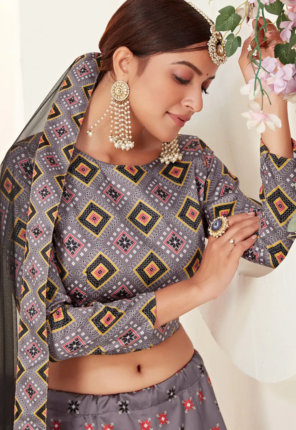 Digital Printed Art Silk Lehenga in Dusty Purple