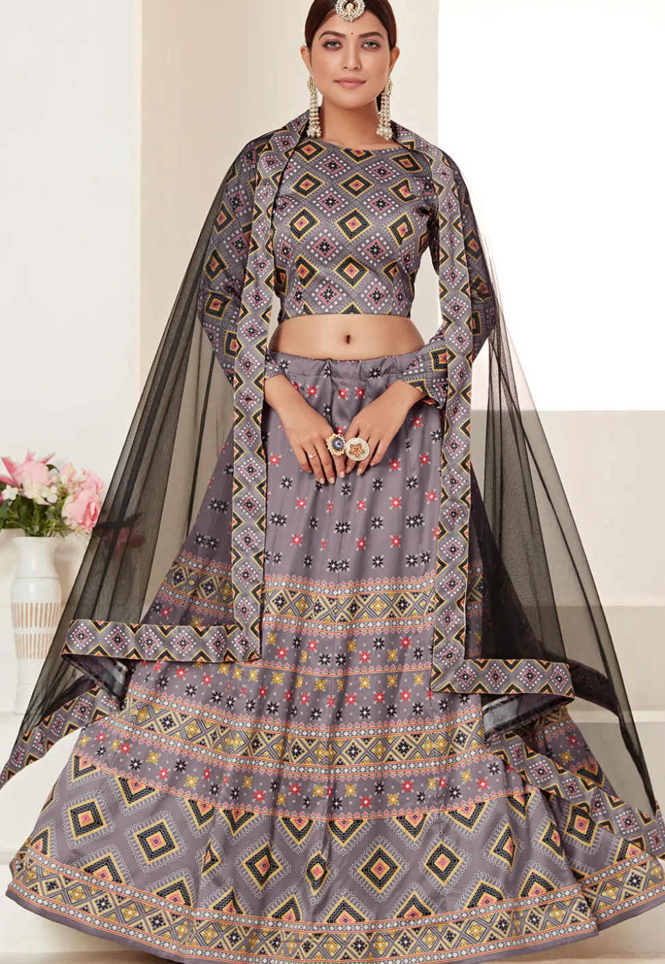 Digital Printed Art Silk Lehenga in Dusty Purple
