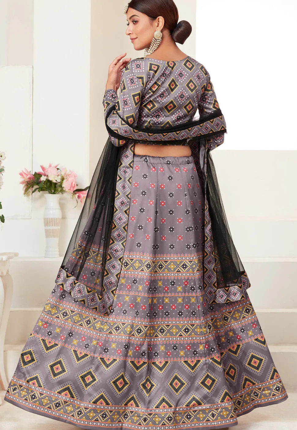 Digital Printed Art Silk Lehenga in Dusty Purple