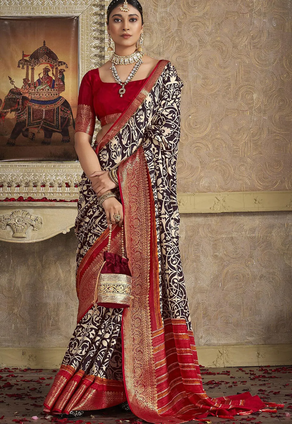 Digital Printed Art Silk Saree in Brown