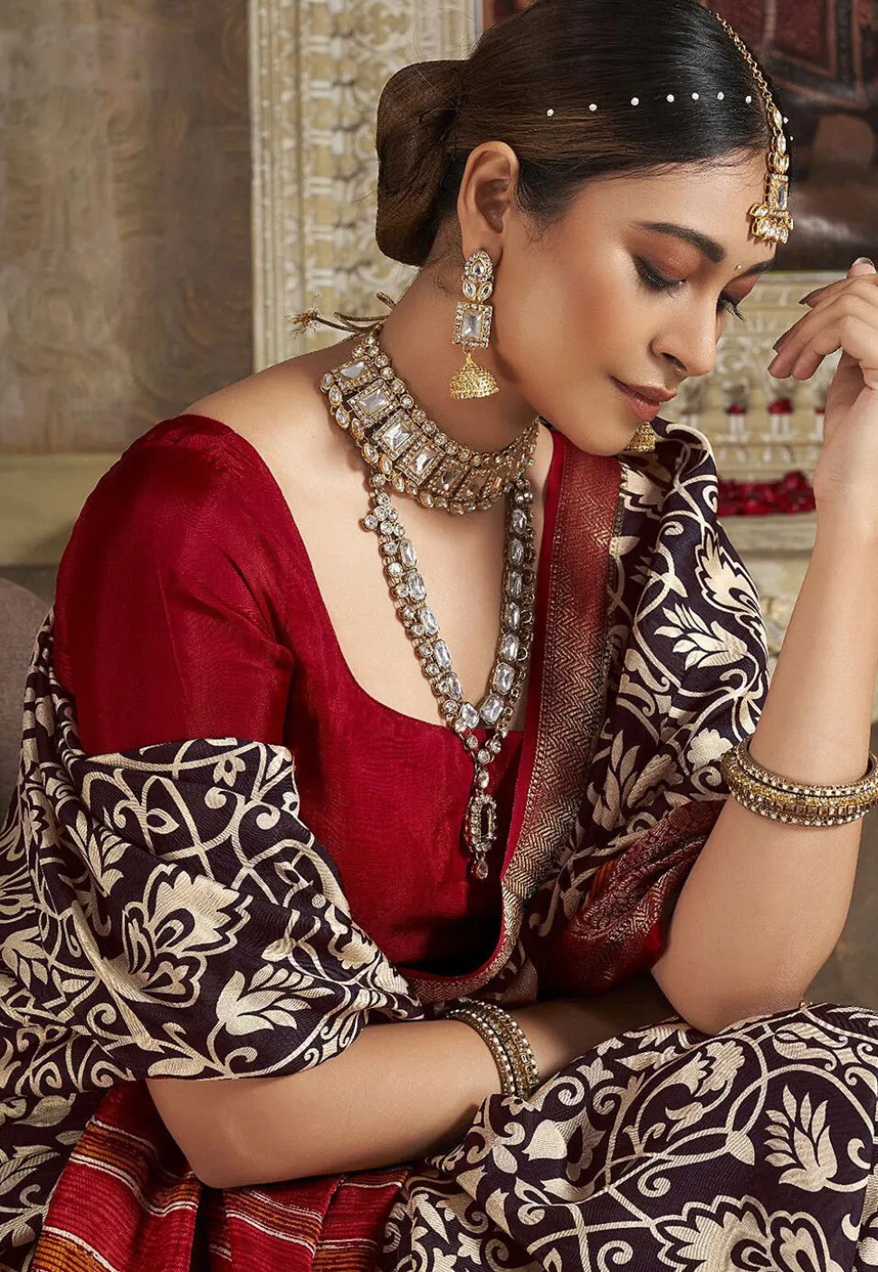 Digital Printed Art Silk Saree in Brown