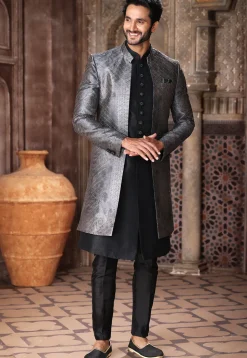 Digital Printed Art Silk Layered Sherwani in Black