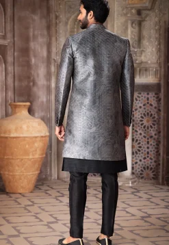 Digital Printed Art Silk Layered Sherwani in Black