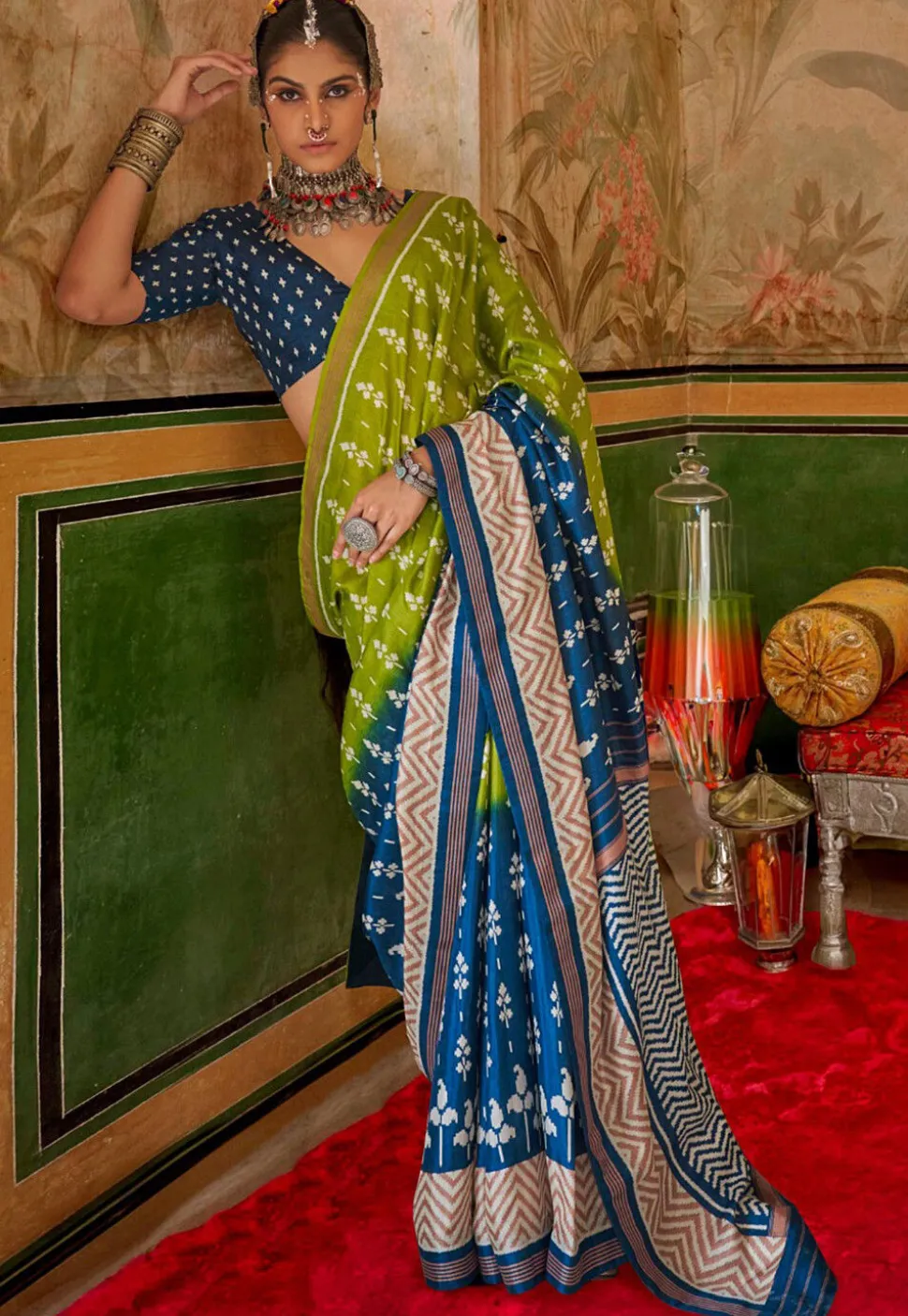 Digital Printed Art Silk Saree in Light Green and Teal Blue