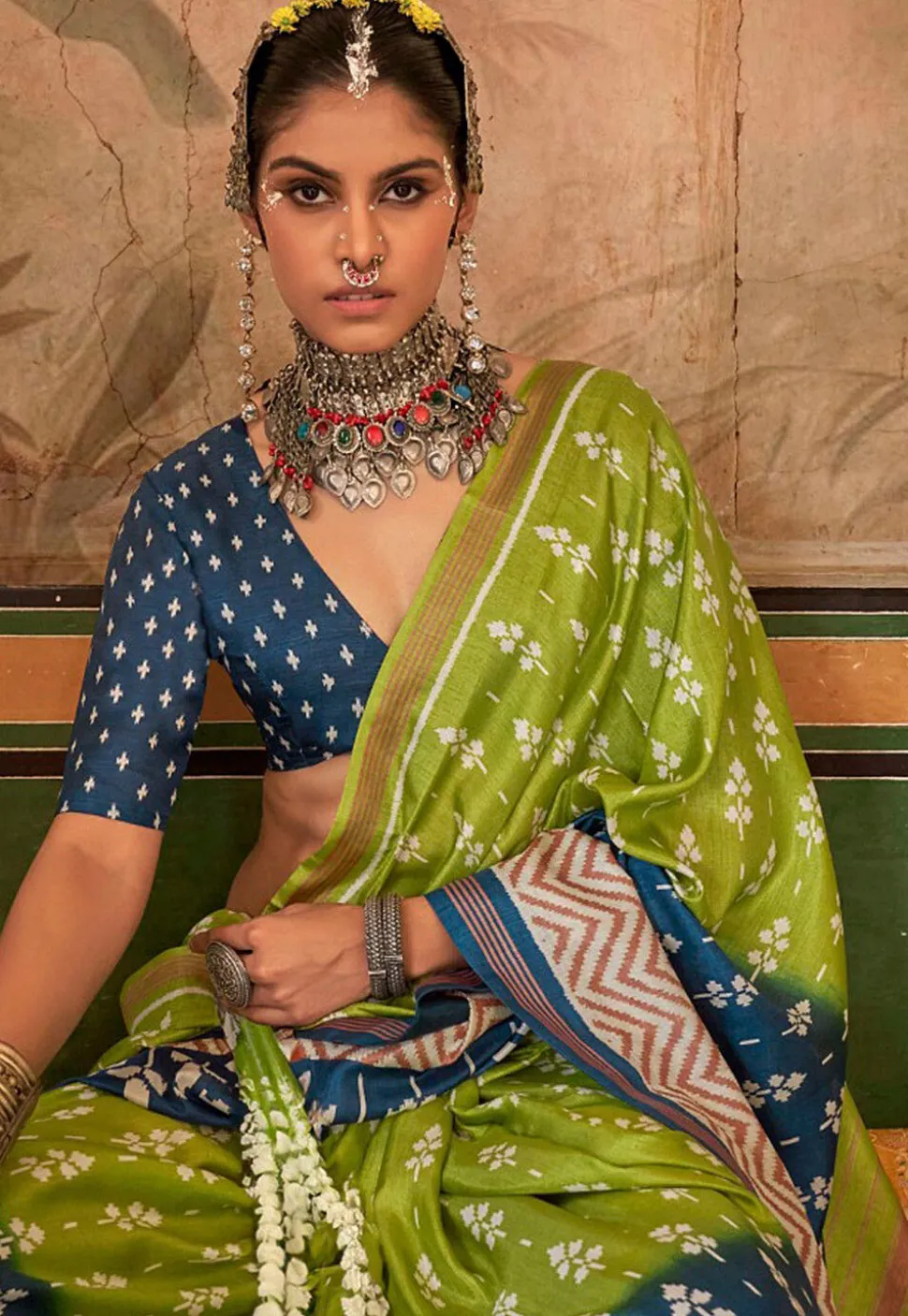 Digital Printed Art Silk Saree in Light Green and Teal Blue