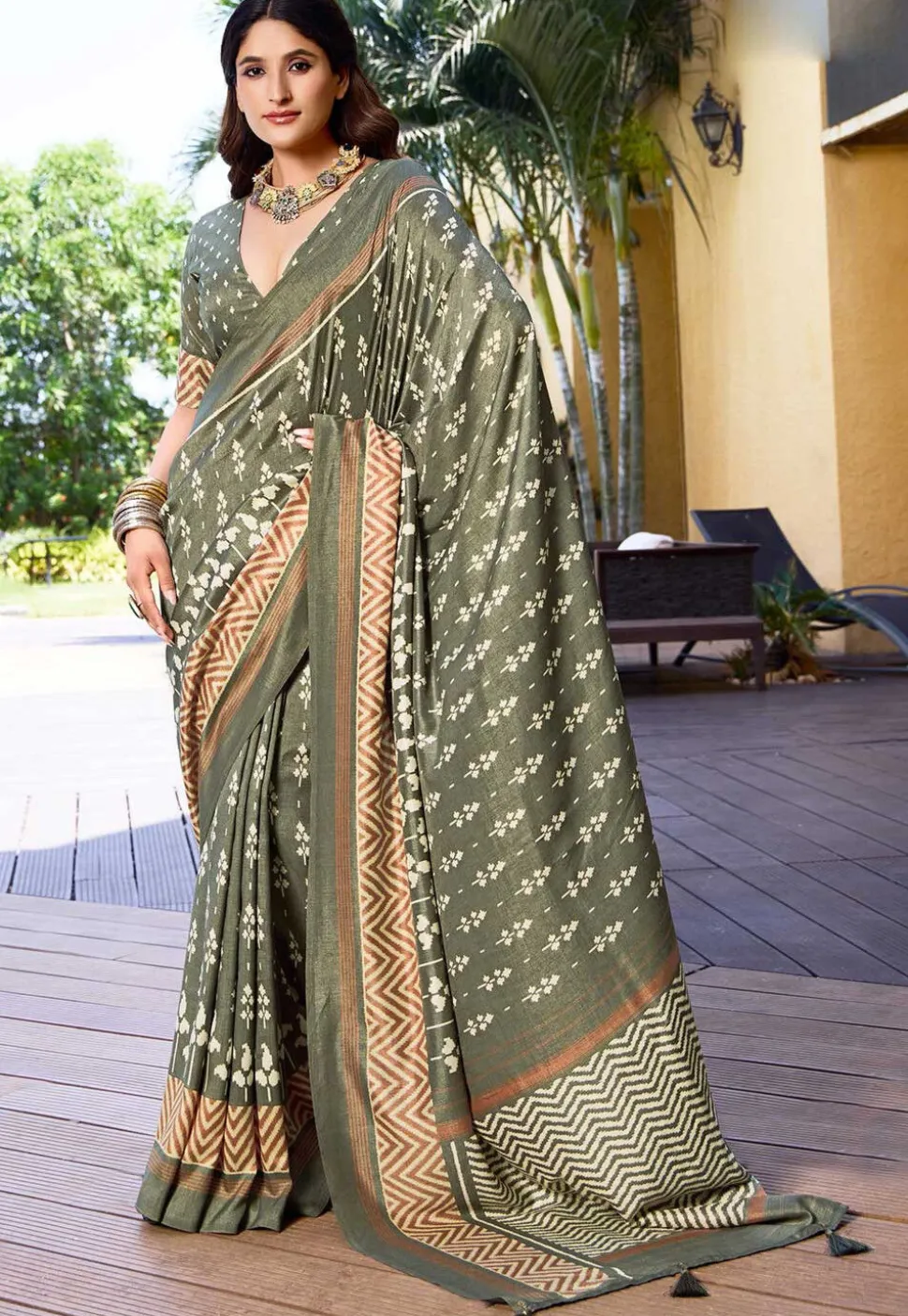 Digital Printed Art Silk Saree in Dusty Green