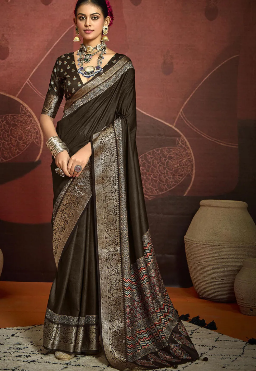 Digital Printed Art Silk Saree in Brown