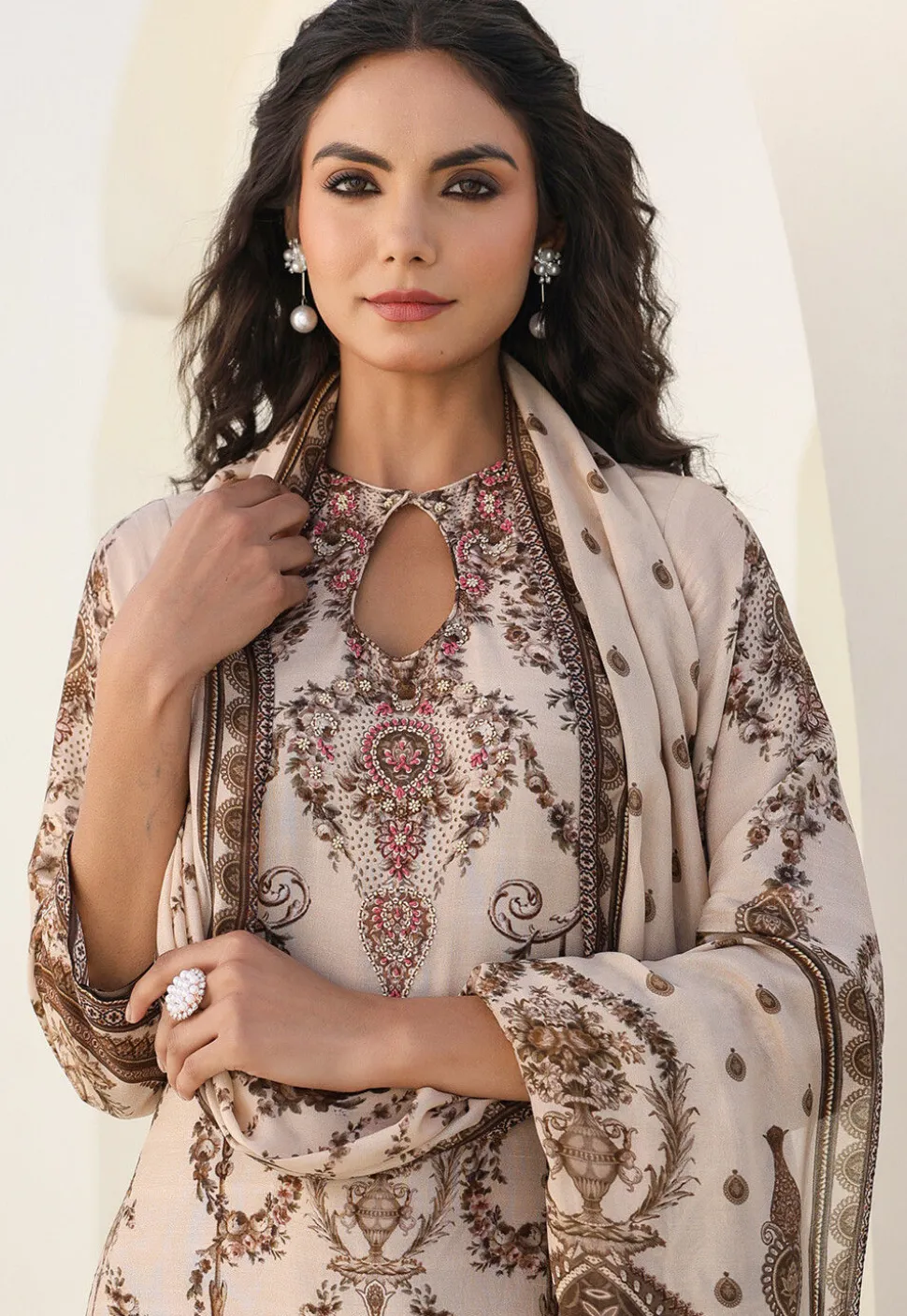 Digital Printed Art Silk Pakistani Suit in Cream