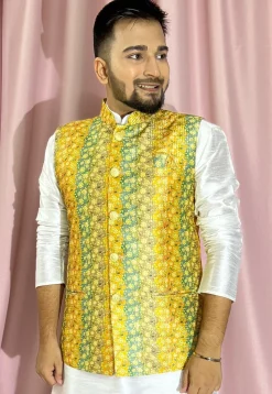 Digital Printed Art Silk Nehru Jacket in Yellow