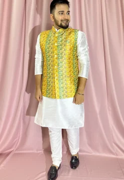 Digital Printed Art Silk Nehru Jacket in Yellow