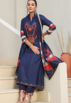 Digital Printed Art Silk Pakistani Suit in Navy Blue
