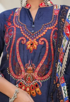 Digital Printed Art Silk Pakistani Suit in Navy Blue