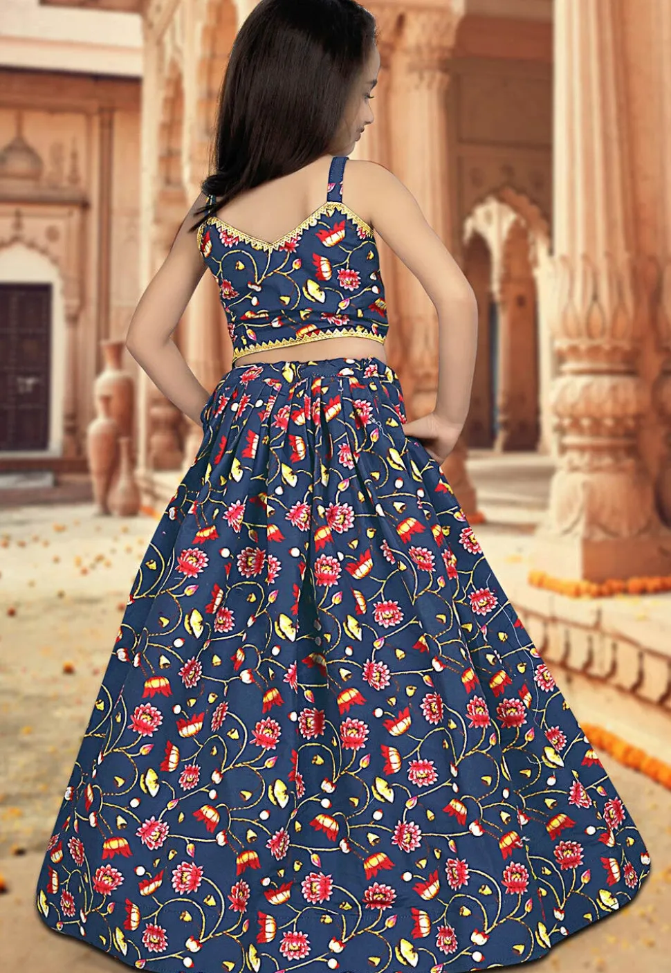 Digital Printed Art Silk Lehenga in Navy Blue