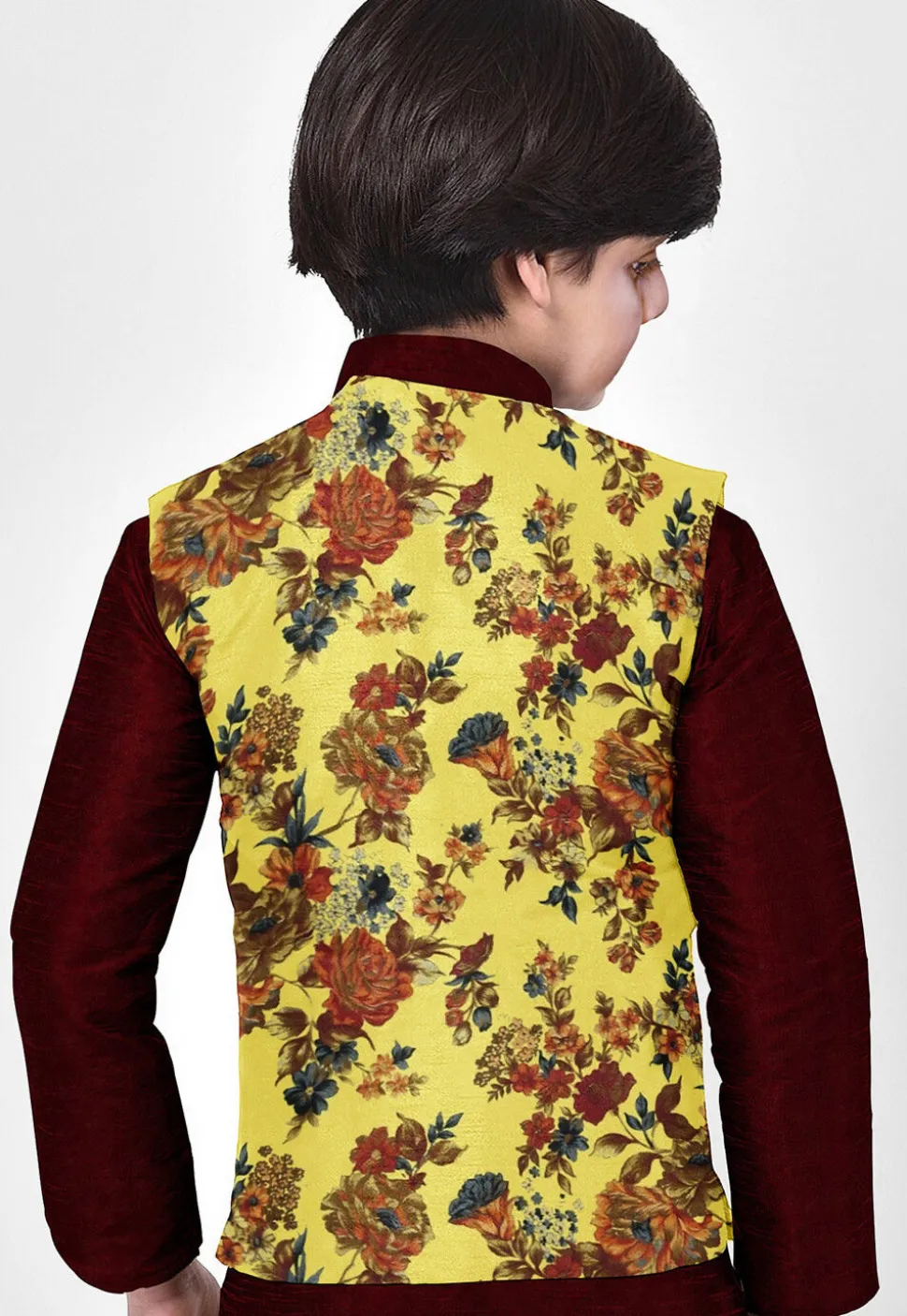 Digital Printed Art Silk Kurta Jacket Set in Maroon and Yellow
