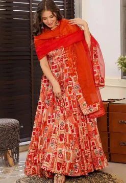 Digital Printed Art Silk Abaya Style Suit in Peach and Red