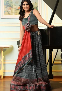 Digital Printed Art Silk Lehenga in Teal Green