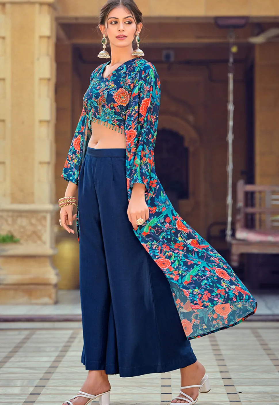 Digital Printed Art Silk Crop Top Set in Blue