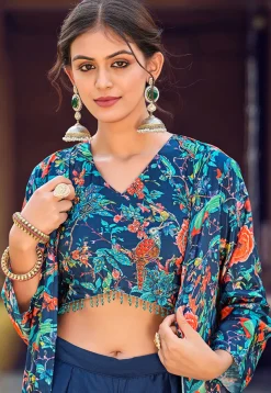 Digital Printed Art Silk Crop Top Set in Blue