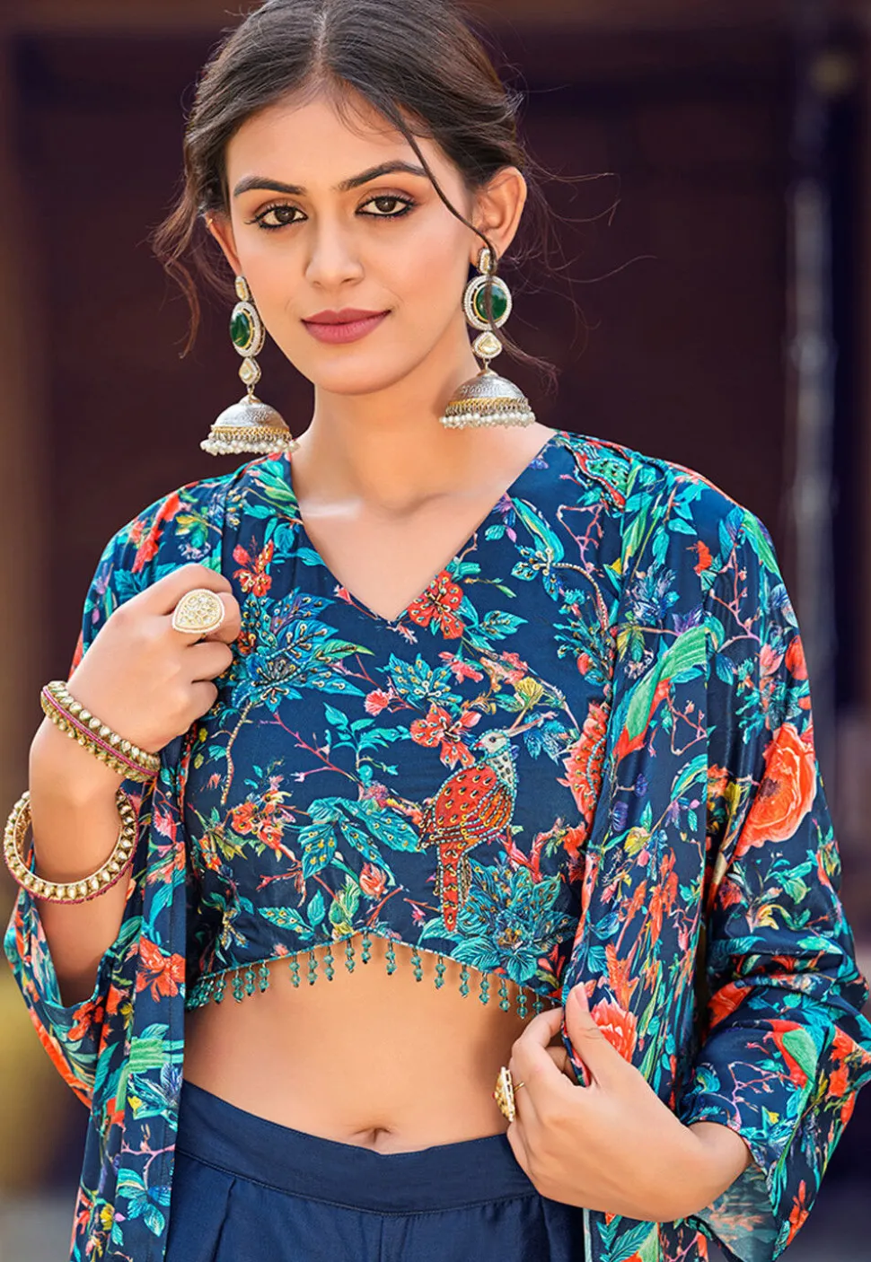 Digital Printed Art Silk Crop Top Set in Blue